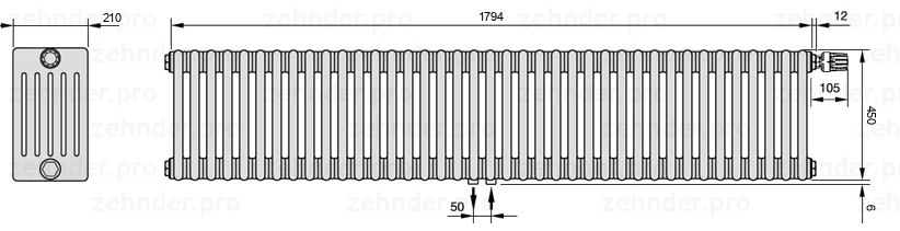 Схема (чертеж) Радиатор Zehnder Charleston 6045/39 №V008 Белый глянцевый RAL 9016